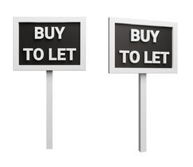 Black pickets with a white border and the words BUY TO LET isolated on white background, leasing business and rental market of residential houses concept, 3d render
