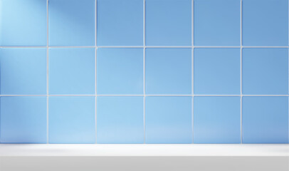 3d kitchen or bathroom scene with white table and blue tile background. Realistic room with shelf for product display