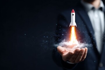 Businessman Holding a Launching Rocket Representing Growth and Success in a Dark Background