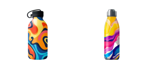 Stylish flasks, vibrant abstract design, reusable container, thermos, cut out transparent