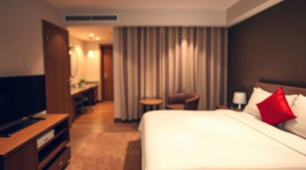 Out of focus hotel room featuring a clean bed, a red pillow, and an open doorway at night.