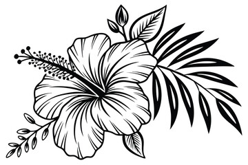 88 Detailed black and white floral illustration, intricate line art, botanical drawing, hibiscus flower, large petals, stamen, tropical foliage, delicate leaves, zentangle-inspired patterns, high cont
