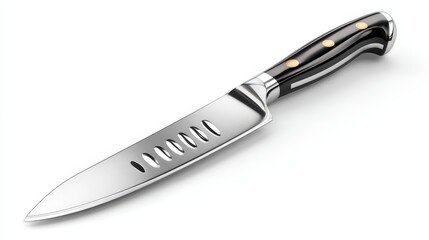 Fototapeta premium Sleek blackhandled knife isolated on white, a study in culinary precision