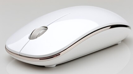 Closeup of a sleek white computer mouse on pristine white surface, minimalist tech design