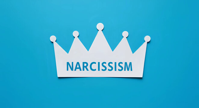 A "Narcissism" word on white paper crown, isolated on blue background, concept of a narcissist person, narcissistic personality disorder in adults