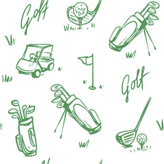 Golf sketch seamless pattern. Sports tools vector illustration. Hand drawn vintage style, isolated
