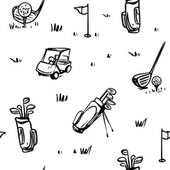 Golf sketch seamless pattern. Sports tools vector illustration. Hand drawn vintage style, isolated
