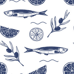 Sardines in a can, fish, seafood, seamless pattern vector illustration set, hand drawn sketch