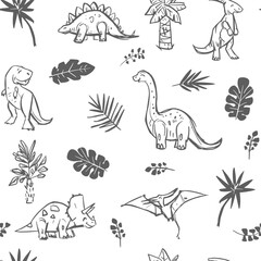 Dinosaurs seamless pattern , set illustrations,monochrome sketch, hand drawn vector