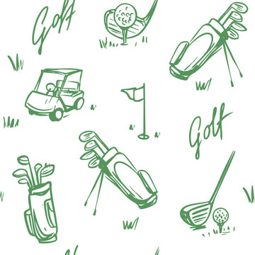 Golf sketch seamless pattern. Sports tools vector illustration. Hand drawn vintage style, isolated