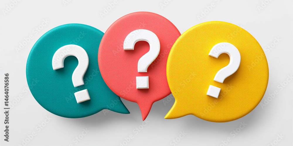 Poster Three colorful speech bubbles with white question marks, symbolizing queries, questions, and FAQ concepts