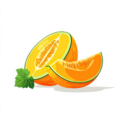 Ripe cantaloupe melon with seeds and green leaf, fresh orange fruit slice isolated on white background, healthy summer food with juicy texture and vibrant color
