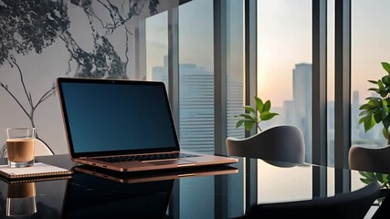 Modern office workspace with a sleek laptop on a glass table, a cup of coffee, and a view of the city skyline during sunset with plants in the background.
- Powered by Adobe