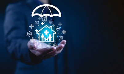 Insurance and safety protection concept. A man show icon on hand, Certification of various types of...