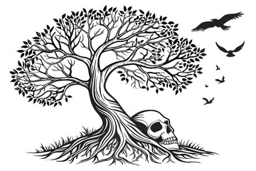 89 Black and white illustration, intricate tree growing from skull, detailed roots, gnarled trunk, lush foliage, birds flying, surreal imagery, dark gothic style, fine line work, high contrast, symbol