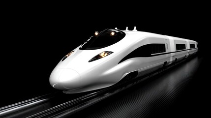 Futuristic high-speed train in motion against a dark backdrop