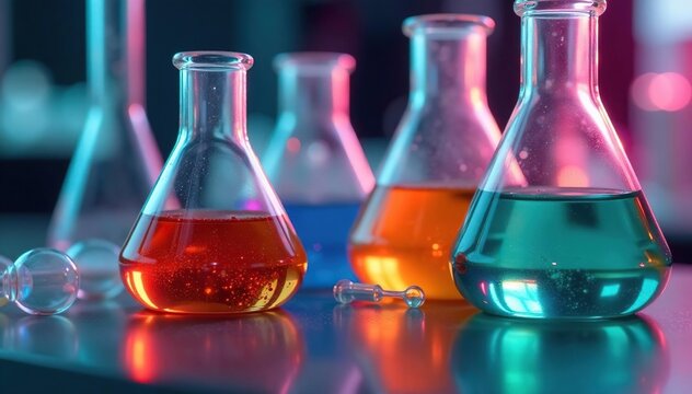 Close-up of colorful chemical compounds in lab, vials, science