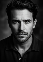 Fototapeta premium Striking Monochrome Portrait of a Man with Intense Gaze in Studio