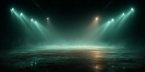 Dimly Lit Empty Stage with Ethereal Green Fog and Spotlights
