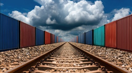 Obraz premium Railway tracks flanked by colorful shipping containers