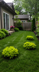 Naklejka premium Residential Backyard Photo Green Lawn Yard Shrubs Plants Outdoor Garden View