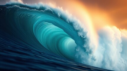 Majestic ocean wave crests, showcasing nature's raw power and beauty, reflecting light at dusk.