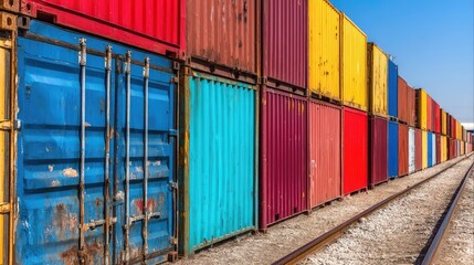 Colorful shipping containers lined up at a freight yard
