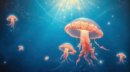Fototapeta premium Glowing jellyfish float serenely in a deep blue sea, illuminated by shimmering celestial light above