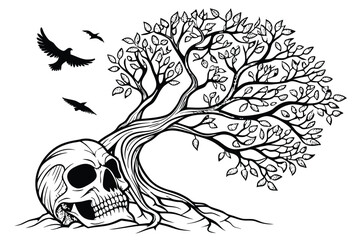 89 Black and white illustration, intricate tree growing from skull, detailed roots, gnarled trunk, lush foliage, birds flying, surreal imagery, dark gothic style, fine line work, high contrast, symbol
