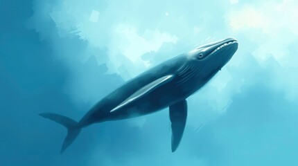 Naklejka premium Majestic whale swimming serenely in a blue ocean rendered in soft, painterly style illustration.