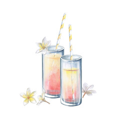 Two glasses of juice with straws and frangepani flowers. Isolated watercolor illustration for restaurant menu design, interior decoration, weddings, poster printing.
