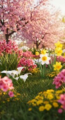 Obraz premium Spring Flowers, Blossoming Trees, Sunny Garden