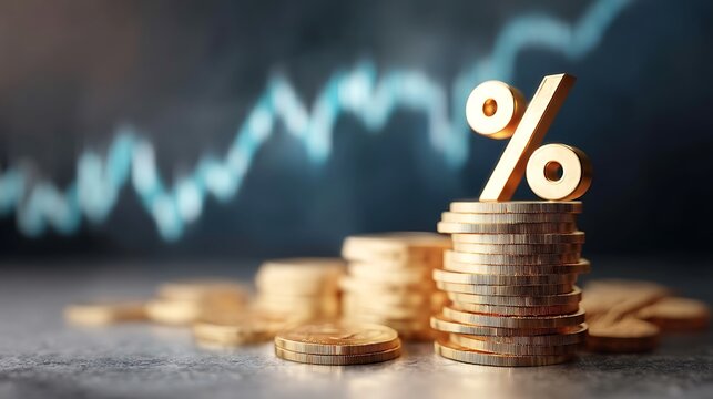 Gold Coins Stacked High with Percentage Sign Interest Rates Financial Growth Investment Concept