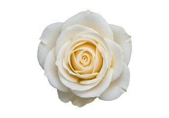 Close up of a single white rose with yellow center on white background