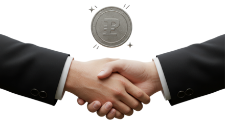 Isolated Business Handshake with Cryptocurrency Coin Above