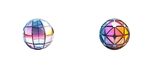 Two colorful iridescent spheres on black background, cut out transparent