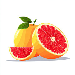 Ripe grapefruit with bright red flesh and yellow skin, whole and sliced, showing juicy segments and fresh green leaves, isolated on white background with vibrant colors and fresh look