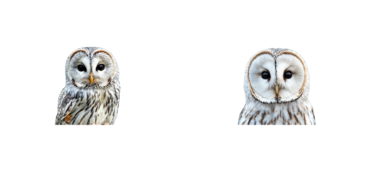 Two Ural owls isolated, close up portrait, bird predator, cut out transparent