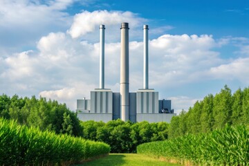 A large industrial power plant with three smokestacks is surrounded by lush green vegetation under a bright blue sky with clouds.