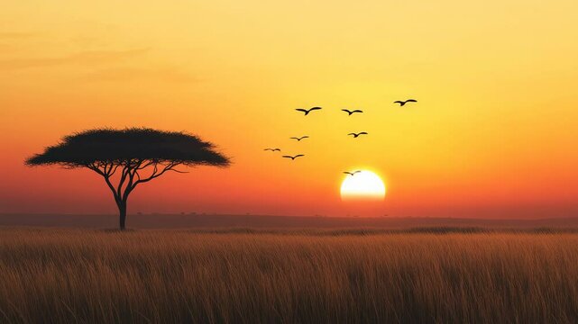 Warm sunlight illuminates golden savanna with acacia tree at sunset, birds flying in the colorful sky creating a peaceful and evocative african landscape