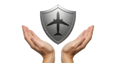 Isolated Hands Protecting Airplane Inside Shield