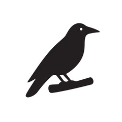 Raven Perched on Branch Silhouette, Clean Minimal Body Shape Bird Icon Vector