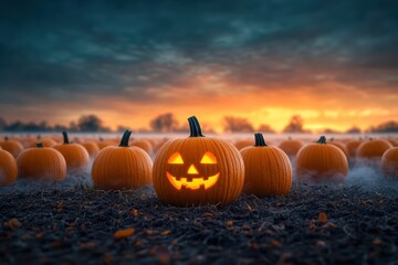 Spooky Halloween Night Fog in a Pumpkin Patch