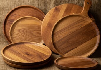 Rustic Wooden Plates Trays Brown Round Food Presentation Background