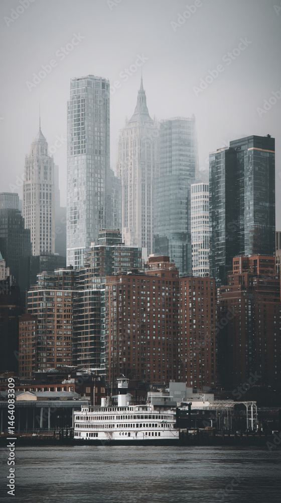 Poster misty cityscape view featuring numerous skyscrapers and a ferry boat, showcasing urban architecture 
