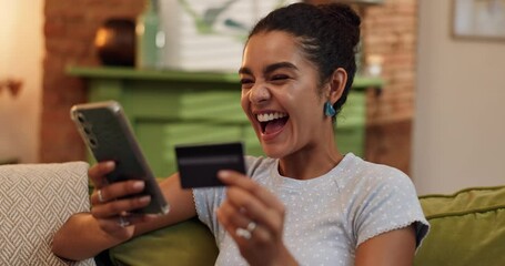 Woman, phone and credit card for ecommerce in house, sale with online shopping or subscription payment success. Mobile app, banking or fintech for happy person with web store discount and transaction - Powered by Adobe