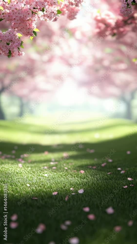 Aufkleber pink petals falling from cherry blossom trees create a magical scene on a vibrant green lawn in a se