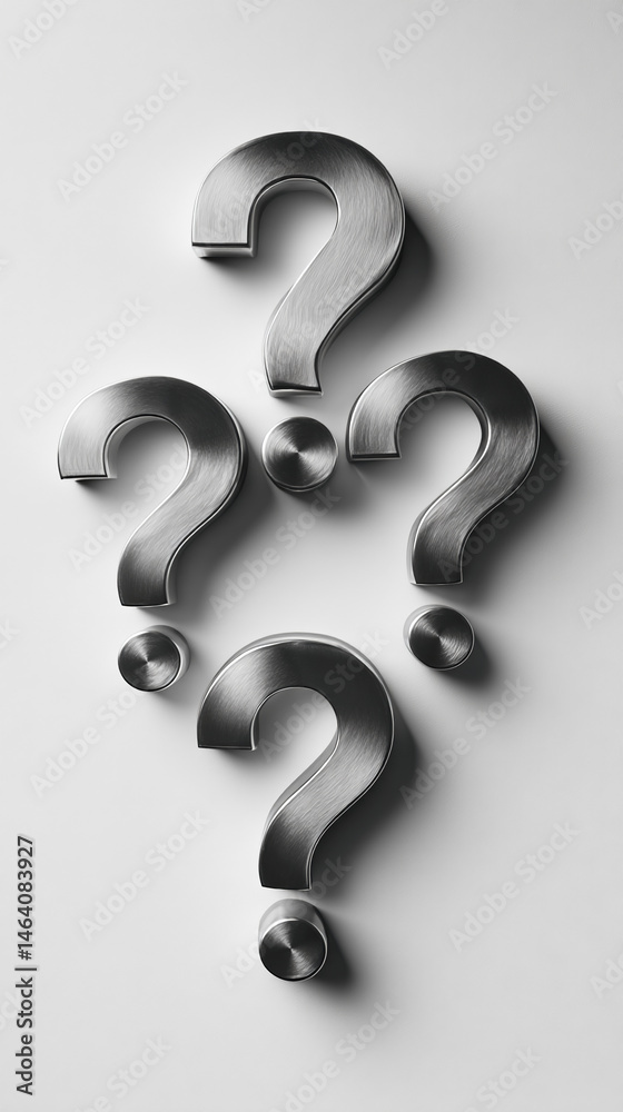 Poster metallic question marks arranged on white background, symbolizing inquiry, uncertainty, or problem-s