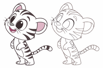90 Cute cartoon tiger cub, big eyes, smiling expression, black and white stripes, pink ears, colored version and line art version side by side, playful pose, white paws, striped tail, children's book 
