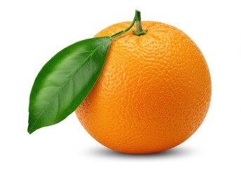 Single orange fruit with leaf isolated on white background, close-up
